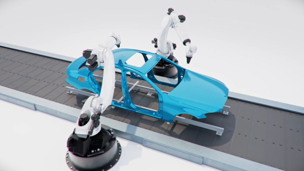 Roboterarm bearbeitet eine blaue Autokarosserie auf einem Förderband, 3D-Darstellung