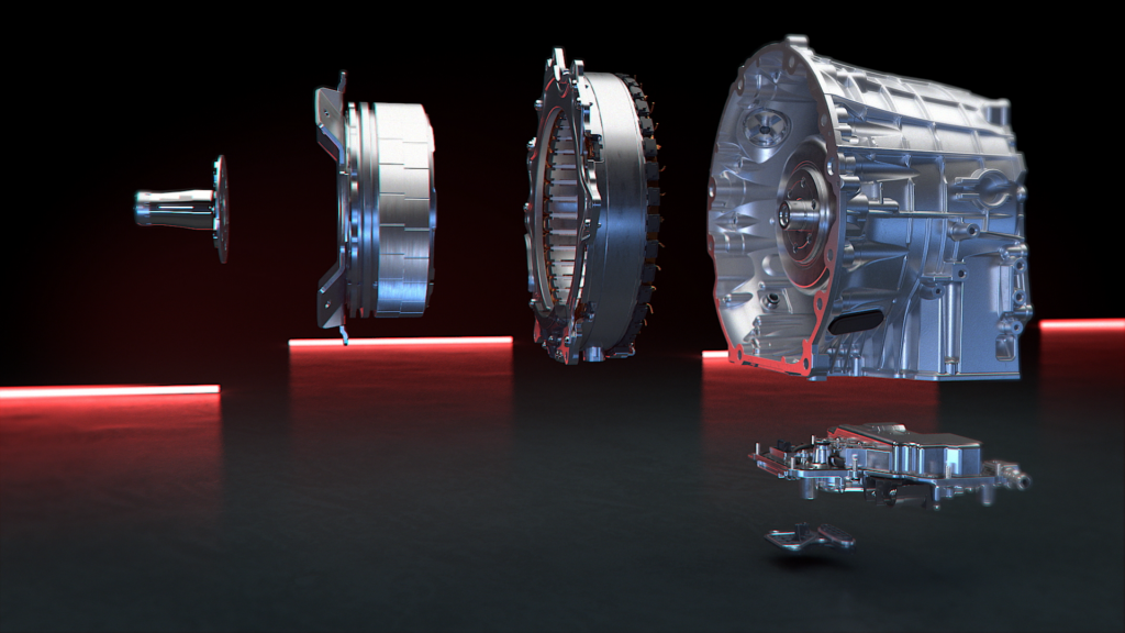 Mercedes-Benz 9G-TRONIC Upgrade Auseinandergezogene Bauteile eines Getriebes mit Gehäuse und Elektronik, 3D-Darstellung