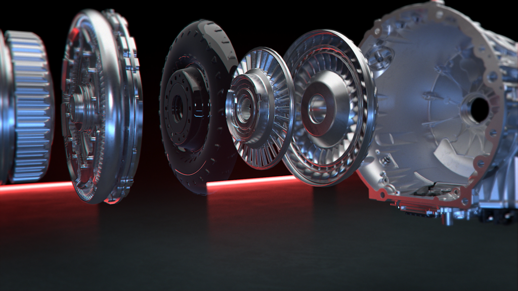 Mercedes-Benz 9G-TRONIC Upgrade Auseinandergezogene Bauteile eines Getriebes mit Zahnrädern, Scheiben und Gehäuse, 3D-Darstellung