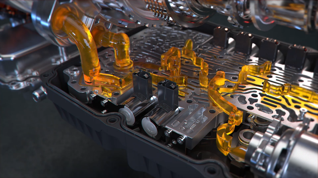 Mercedes-Benz 9G-TRONIC Upgrade Orange dargestellter Ölfluss durch die Kanäle des Getriebes, 3D-Darstellung