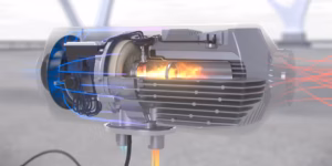 3D-Produktvisualisierung eines Querschnitts eines Turboladers mit sichtbarem Verdichterrad, Brennkammer und rot-blauen Luftstromlinien