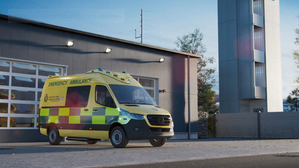 Eberspächer Thermalmanagement, Rettungswagen Rettungswagen vor einer Feuerwache, Standbild aus den Produktfilmen zum Eberspächer Thermalmanagement